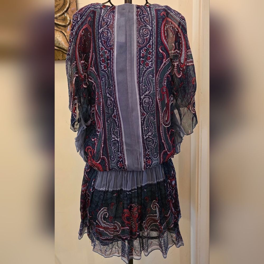 NWT 100% Silk Chic Paisley Mini Dress - Navy and Burgundy S - Picture 3 of 4